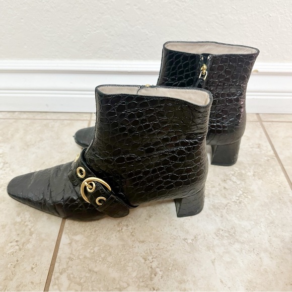 Authentic Prada Black Croc-Embossed Ankle Booties with Gold Accents - Picture 4 of 10